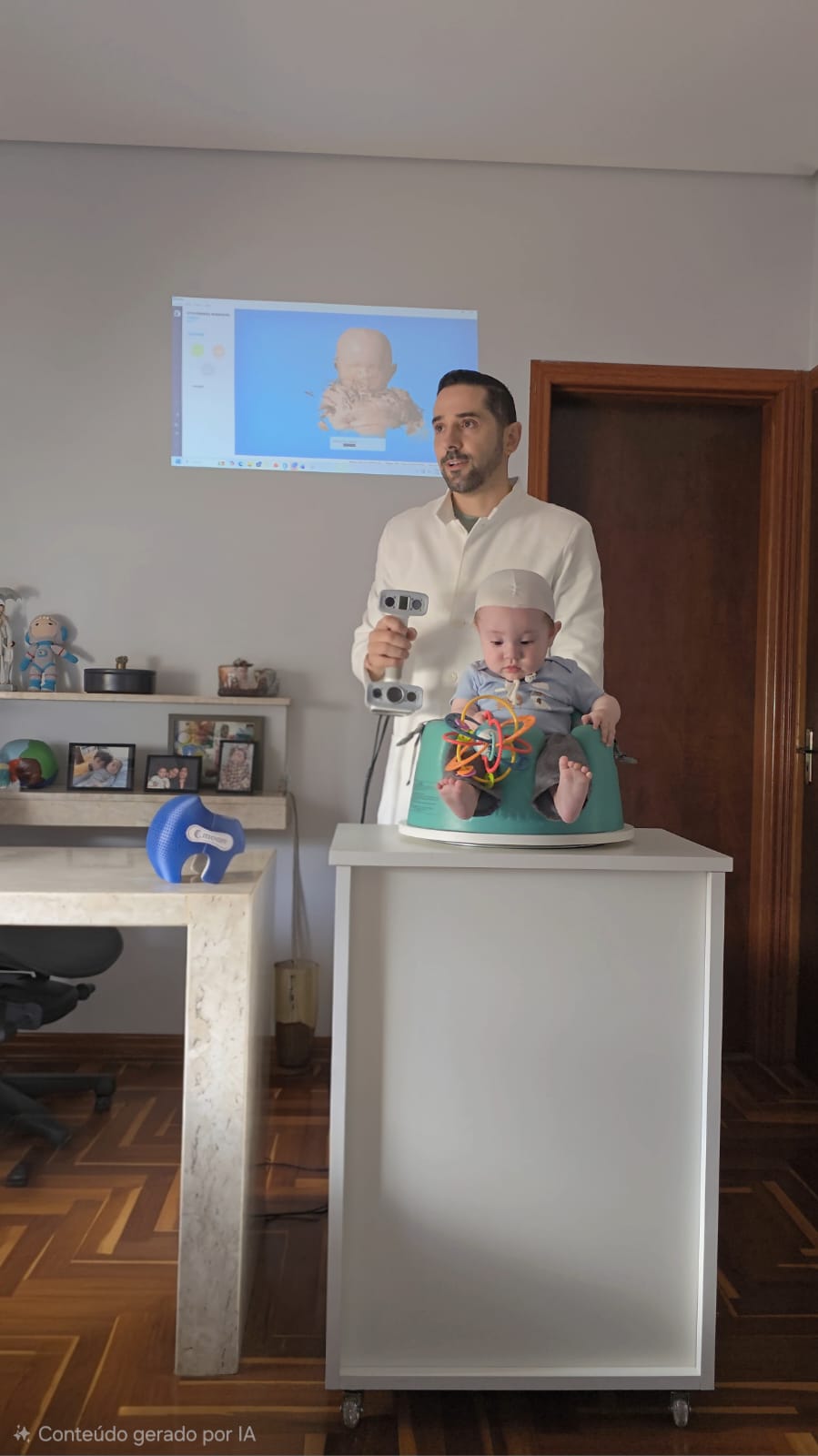 Escaneamento craniano 3D com o modelo do bebê aparecendo na tela